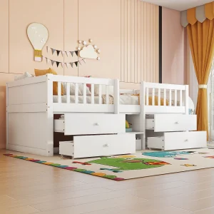 Halfhoog bed 90×200 cm wit in grenen, met 4 laden, ladder en leuning, minimalistisch ontwerp, zonder matras Halfhoog bed 90×200 cm wit in grenen, met 4 laden, ladder en leuning, minimalistisch ontwerp, zonder matras
