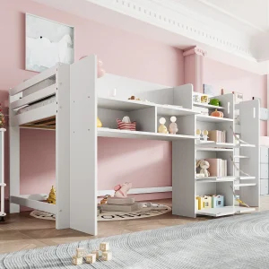 Halfhoog Bed 90×200 cm in de Vorm van een Huis met Meerdere Opslagruimtes, Entertainmentruimte onder het Bed, zonder Matras, Wit Halfhoog Bed 90×200 cm in de Vorm van een Huis met Meerdere Opslagruimtes, Entertainmentruimte onder het Bed, zonder Matras, Wit