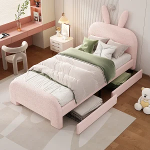 Gestoffeerd bed 90×200 cm roze, cartoon-konijnvorm, wolweefsel resistent, met 2 laden en lattenbodem inbegrepen