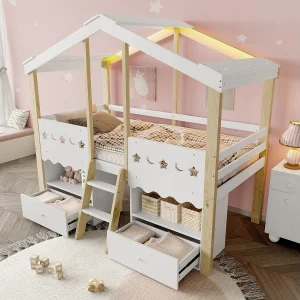 Halfhoog Bed 90×200 cm in de Vorm van een Huis, Stapelbed, 2 Lades, LED Strip, zonder Matras, Wit + Naturel Halfhoog Bed 90×200 cm in de Vorm van een Huis, Stapelbed, 2 Lades, LED Strip, zonder Matras, Wit + Naturel