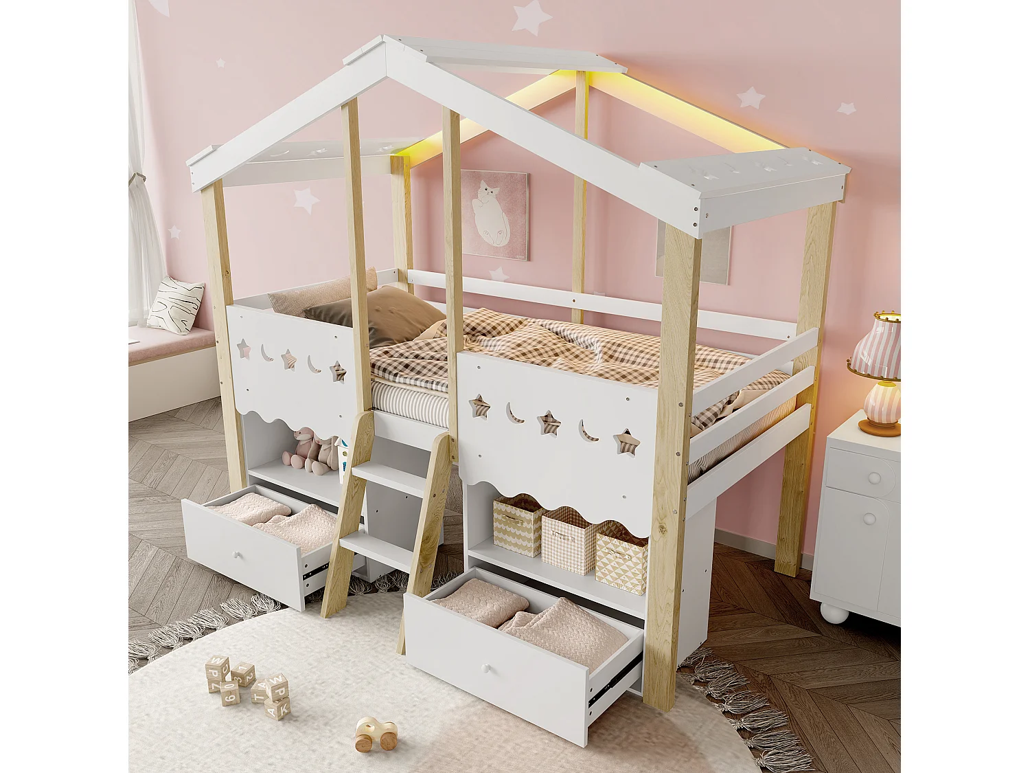 Halfhoog Bed 90x200 cm in de Vorm van een Huis, Stapelbed, 2 Lades, LED Strip, zonder Matras, Wit + Naturel