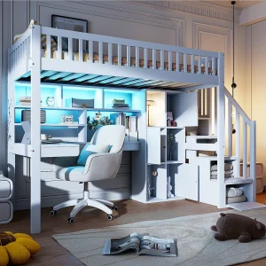 Halfhoog bed 90×200 cm in wit hout, met LED, bureau, planken, open opbergruimte en geïntegreerde ladder Halfhoog bed 90×200 cm in wit hout, met LED, bureau, planken, open opbergruimte en geïntegreerde ladder