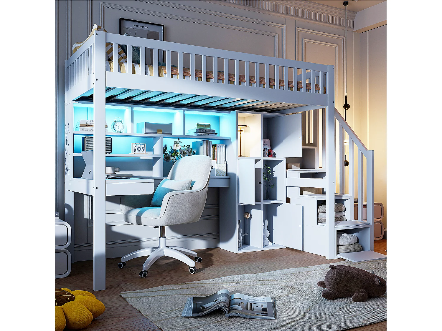 Halfhoog bed 90x200 cm in wit hout, met LED, bureau, planken, open opbergruimte en geïntegreerde ladder
