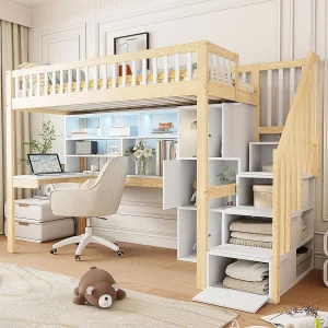 Halfhoog bed 90×200 cm in wit + naturel hout, met LED, bureau, planken, open opbergruimte en geïntegreerde ladder Halfhoog bed 90×200 cm in wit + naturel hout, met LED, bureau, planken, open opbergruimte en geïntegreerde ladder