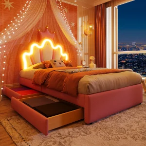 Gestoffeerd bed 90×200 cm roze in PU, met LED op afstand, verstelbaar kroonhoofdeinde en 2 opbergladen