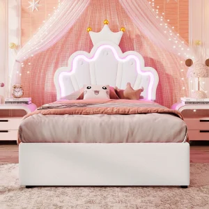 Gestoffeerd bed 90×200 cm wit in PU, met LED op afstand, verstelbaar kroonhoofdeinde en 2 opbergladen