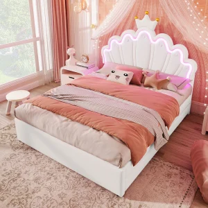 Gestoffeerd bed 140×200 cm wit in PU, met LED op afstand, verstelbaar kroonhoofdeinde en 2 opbergladen Gestoffeerd bed 140×200 cm wit in PU, met LED op afstand, verstelbaar kroonhoofdeinde en 2 opbergladen
