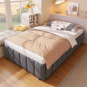 Gestoffeerd bed 90×200 cm met hydraulische opbergruimte, zonder hoofdbord of matras, grijze stof