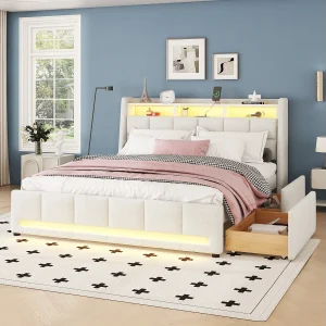 Gestoffeerd bed 160×200 cm beige in linnen, met app-gestuurde LED, laden, USB-poorten en geïntegreerde opbergruimte