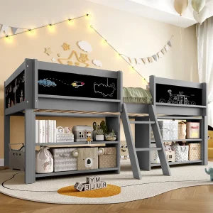 Halfhoog Bed 90 x 200 cm, met Meerdere Opslagruimtes, Ladder, Beveiligingsrail, Massief Grenen, zonder Matras, Grijs Halfhoog Bed 90 x 200 cm, met Meerdere Opslagruimtes, Ladder, Beveiligingsrail, Massief Grenen, zonder Matras, Grijs