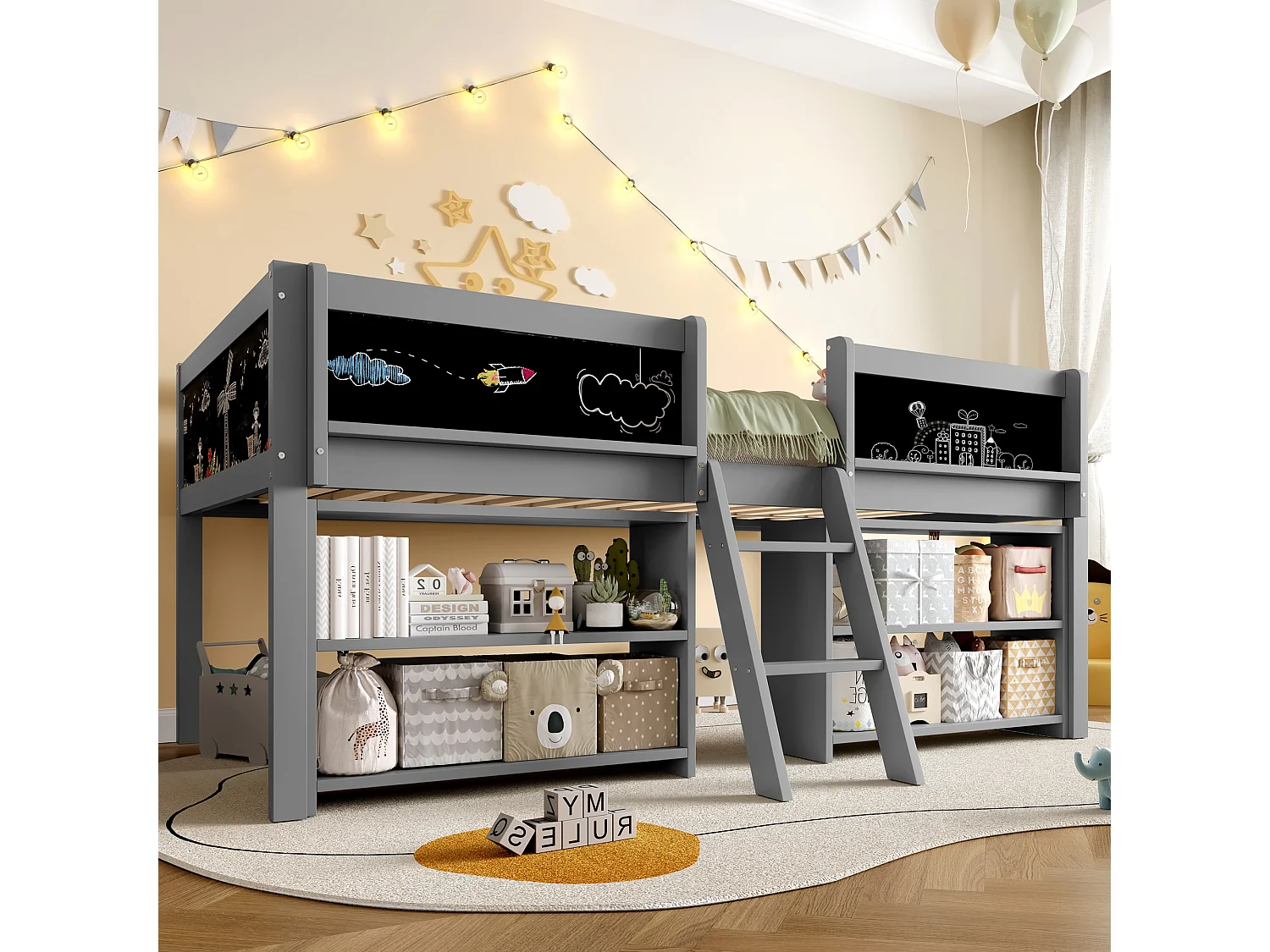 Halfhoog Bed 90 x 200 cm, met Meerdere Opslagruimtes, Ladder, Beveiligingsrail, Massief Grenen, zonder Matras, Grijs