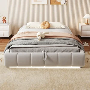 Gestoffeerd bed 140 x 200 cm, zonder hoofdbord, met LED-verlichting, hydraulisch bedframe met opbergruimte, beige Gestoffeerd bed 140 x 200 cm, zonder hoofdbord, met LED-verlichting, hydraulisch bedframe met opbergruimte, beige