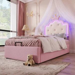 Gestoffeerd bed 90×200 cm roze in PU, met lattenbodem, LED op afstand, kroonvormig hoofdeinde en hydraulische opbergruimte