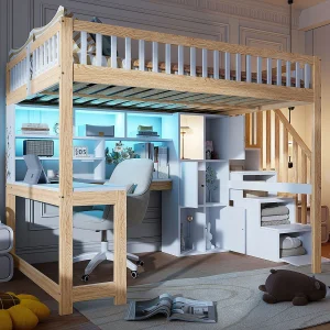 Halfhoog bed 140×200 cm in wit + naturel hout, met LED, bureau, planken, open opbergruimte en geïntegreerde ladder