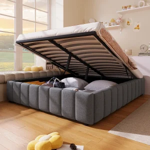 Gestoffeerd bed 140×200 cm met hydraulische opbergruimte, zonder hoofdbord of matras, grijze stof