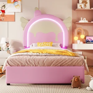 Gestoffeerd bed 90×200 cm roze in PU, met LED-verlichting, 2 laden en unicorn-hoofdeinde, zonder matras, sprookjesstijl