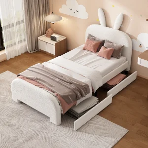 Gestoffeerd bed 90×200 cm wit, cartoon-konijnvorm, wolweefsel resistent, met 2 opbergladen, zonder matras