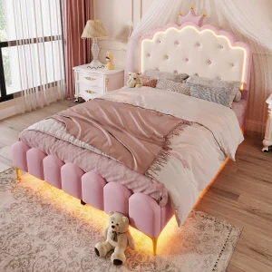 Gestoffeerd bed 140×200 cm roze in PU, met lattenbodem, sfeerverlichting op afstand en kroonvormig hoofdeinde Gestoffeerd bed 140×200 cm roze in PU, met lattenbodem, sfeerverlichting op afstand en kroonvormig hoofdeinde