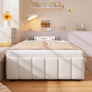 Gestoffeerd bed 90×200 cm met hydraulische opbergruimte, zonder hoofdbord of matras, beige stof