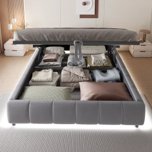 Gestoffeerd bed 140 x 200 cm, zonder hoofdeinde, met LED-verlichting, hydraulisch bedframe met opbergruimte, grijs Gestoffeerd bed 140 x 200 cm, zonder hoofdeinde, met LED-verlichting, hydraulisch bedframe met opbergruimte, grijs