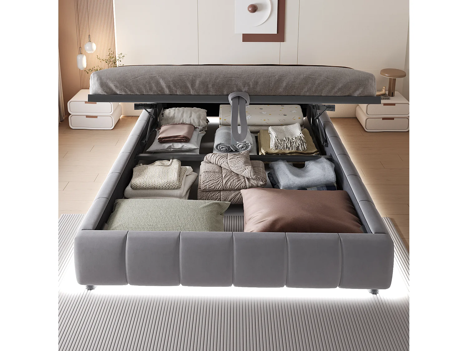 Gestoffeerd bed 140 x 200 cm, zonder hoofdeinde, met LED-verlichting, hydraulisch bedframe met opbergruimte, grijs