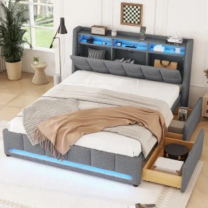Gestoffeerd bed 140×200 cm grijs in linnen, met app-gestuurde LED-verlichting, laden, USB-poorten en opbergruimte Gestoffeerd bed 140×200 cm grijs in linnen, met app-gestuurde LED-verlichting, laden, USB-poorten en opbergruimte