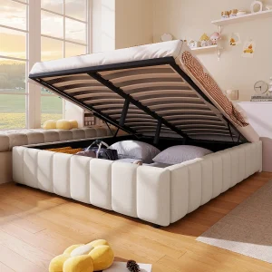 Gestoffeerd bed 140×200 cm met hydraulische opbergruimte, zonder hoofdbord of matras, beige stof