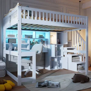 Halfhoog bed 140×200 cm in wit hout, met LED, bureau, planken, open opbergruimte en geïntegreerde ladder