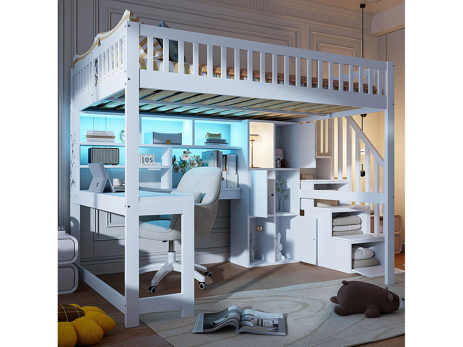 Halfhoog bed 140x200 cm in wit hout, met LED, bureau, planken, open opbergruimte en geïntegreerde ladder