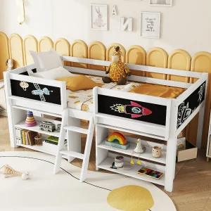 Halfhoog bed 90×200 cm wit in grenen, met ladder, leuning en opbergrekken, minimalistische stijl Halfhoog bed 90×200 cm wit in grenen, met ladder, leuning en opbergrekken, minimalistische stijl