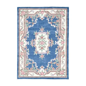 Handgetuft tapijt met rand in Aubusson-design 70×140 cm blauw Ming Handgetuft tapijt met rand in Aubusson-design 70×140 cm blauw Ming