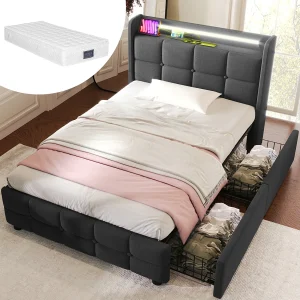 Grijs eenpersoonsbed 90x200cm met matras, 2 lades, USB-oplader en LED