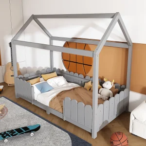 Grijs kinderbed 90x200cm met veiligheidshekje, grenen + MDF
