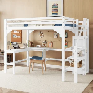 Halfhoogslaper 140×200 cm met L-vormig bureau, grenenhout, open kast, minimalistische stijl, praktisch en modern, Wit Halfhoogslaper 140×200 cm met L-vormig bureau, grenenhout, open kast, minimalistische stijl, praktisch en modern, Wit