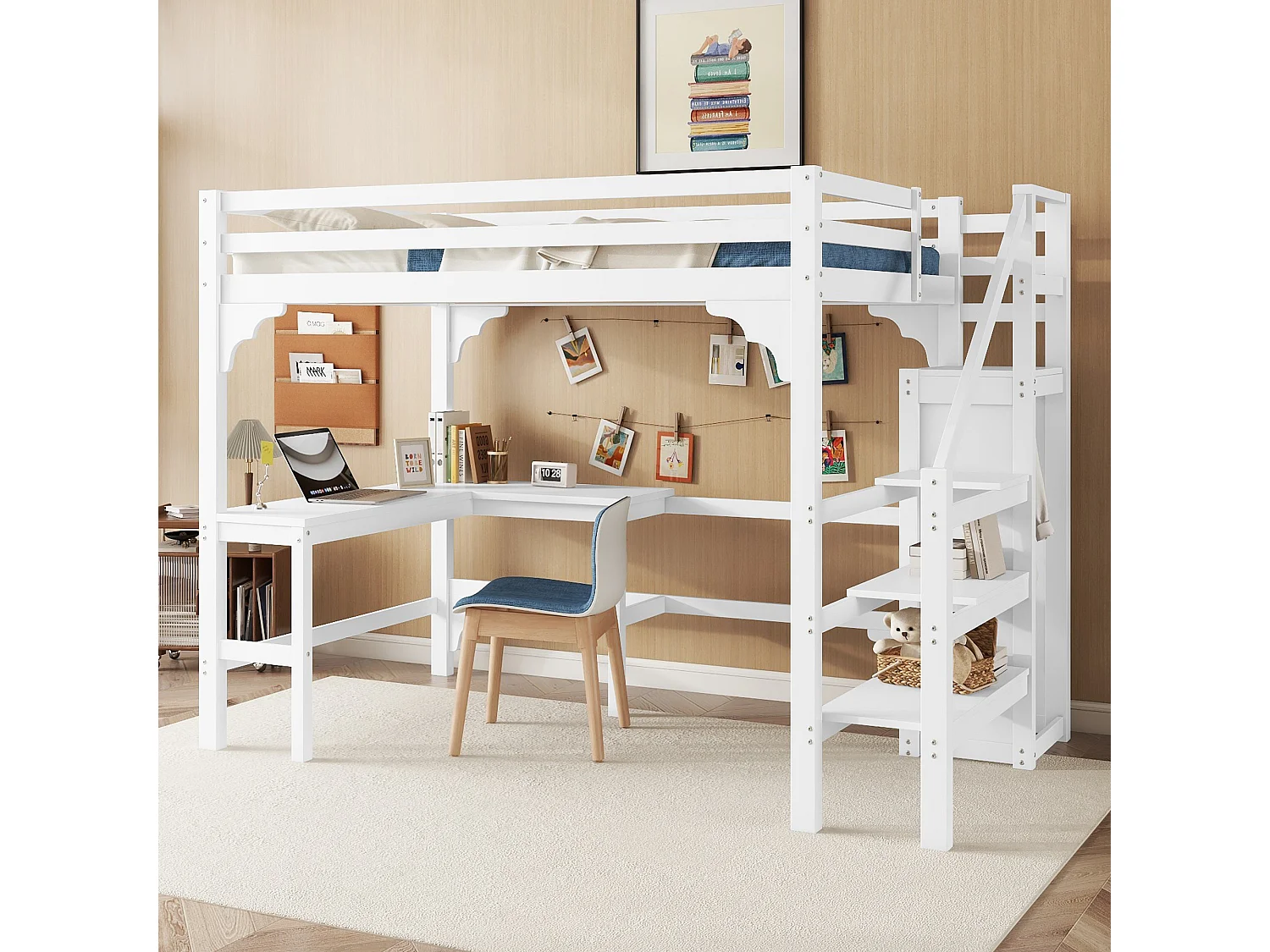 Halfhoogslaper 140x200 cm met L-vormig bureau, grenenhout, open kast, minimalistische stijl, praktisch en modern, Wit
