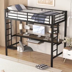 Halfhoogslaper 90×200 cm, metalen frame met bureau en twee planken, voor kinderen, tieners en volwassenen, Zwart Halfhoogslaper 90×200 cm, metalen frame met bureau en twee planken, voor kinderen, tieners en volwassenen, Zwart