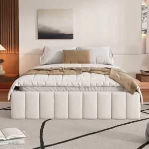 Gestoffeerd bed 140×200 cm zonder hoofdbord, minimalistische stijl, frame met lattenbodem, kleur beige Gestoffeerd bed 140×200 cm zonder hoofdbord, minimalistische stijl, frame met lattenbodem, kleur beige