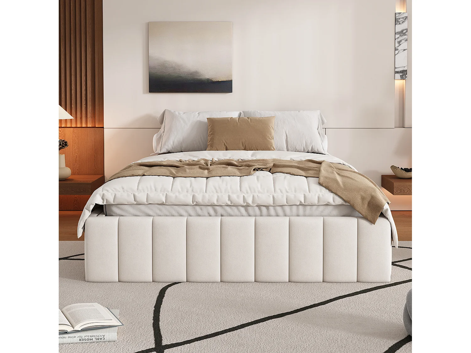 Gestoffeerd bed 140x200 cm zonder hoofdbord, minimalistische stijl, frame met lattenbodem, kleur beige