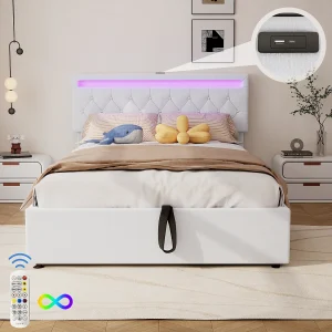 Gestoffeerd bed 140×200 cm, gepolsterde constructie, LED-verlichting, 24-knops afstandsbediening, opklapbaar, USB- en Type-C-aansluitingen, veel opbergruimte, Wit Gestoffeerd bed 140×200 cm, gepolsterde constructie, LED-verlichting, 24-knops afstandsbediening, opklapbaar, USB- en Type-C-aansluitingen, veel opbergruimte, Wit