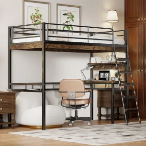 Halfhoogslaper 90×200 cm, zonder matras, bureau en planken, leuning en ladder, metalen frame, functioneel en veilig, Zwart Halfhoogslaper 90×200 cm, zonder matras, bureau en planken, leuning en ladder, metalen frame, functioneel en veilig, Zwart