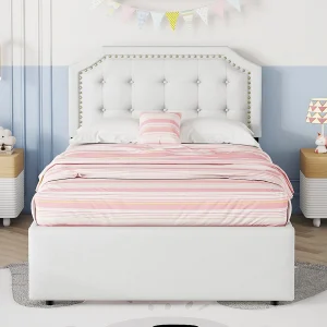 Gestoffeerd bed 90×200 cm lichtbeige met hoofdbord met nagels, twee lades, minimalistische stijl en geoptimaliseerde ruimte