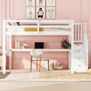 Halfhoogslaper 140×200 cm, kinderbed met lades en bureau onder het bed, zonder matras, Wit Halfhoogslaper 140×200 cm, kinderbed met lades en bureau onder het bed, zonder matras, Wit