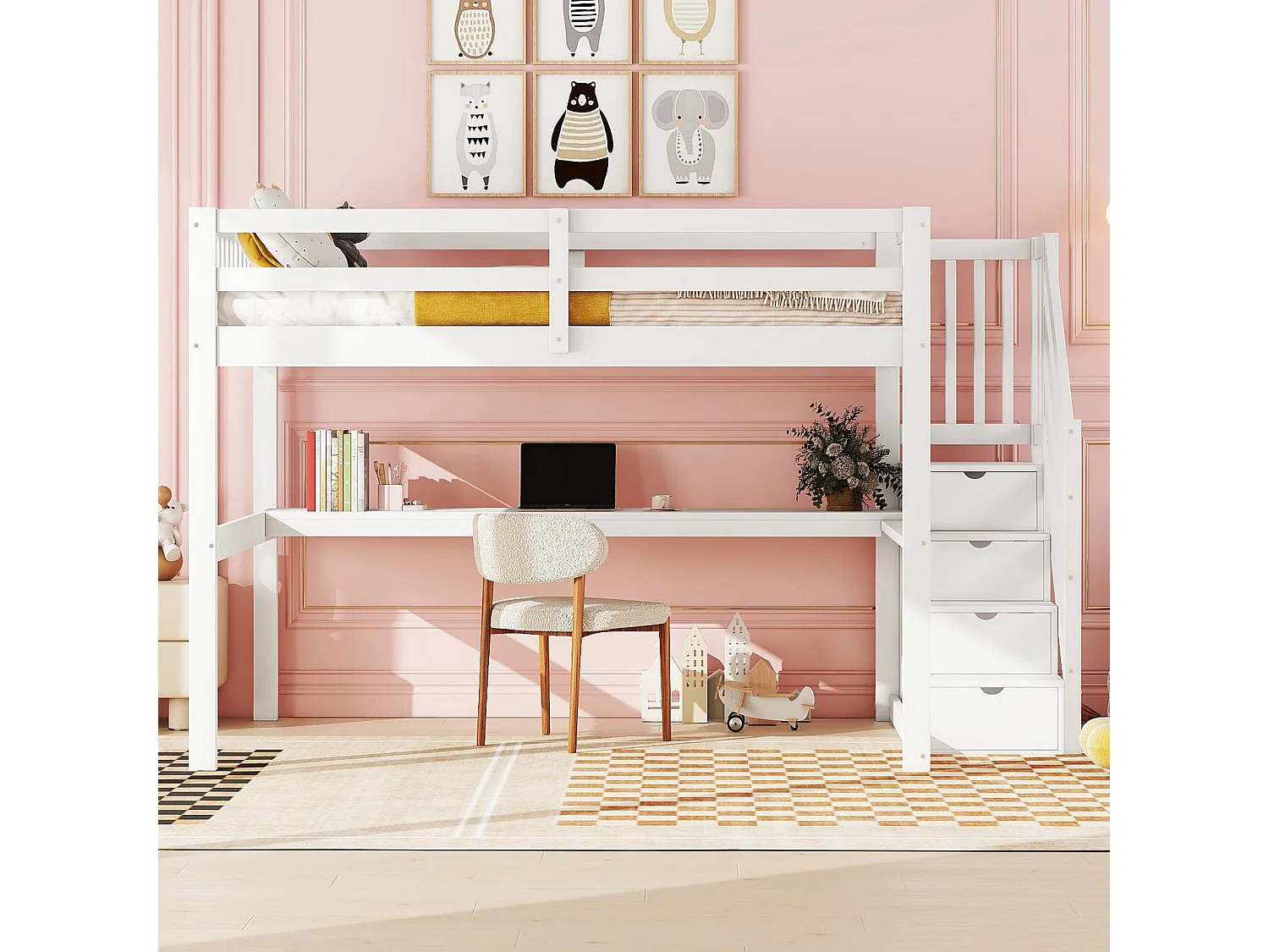 Halfhoogslaper 140x200 cm, kinderbed met lades en bureau onder het bed, zonder matras, Wit