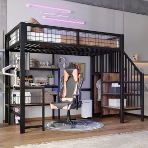 Halfhoogslaper 90×200 cm, metalen frame, bureau eronder, meerdere planken, zonder matras, ingebouwde kast, Zwart Halfhoogslaper 90×200 cm, metalen frame, bureau eronder, meerdere planken, zonder matras, ingebouwde kast, Zwart