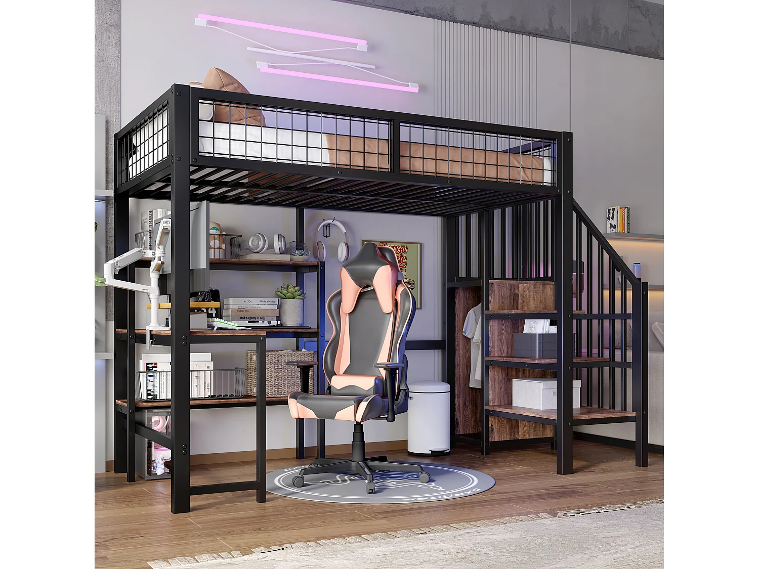 Halfhoogslaper 90x200 cm, metalen frame, bureau eronder, meerdere planken, zonder matras, ingebouwde kast, Zwart
