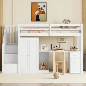 Halfhoogslaper 90×200 cm wit met geïntegreerd bureau, kast, lades en trap met opbergruimte, lattenbodem inbegrepen Halfhoogslaper 90×200 cm wit met geïntegreerd bureau, kast, lades en trap met opbergruimte, lattenbodem inbegrepen