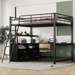 Halfhoogslaper 140×200 cm, metalen frame, praktische laden, L-vormig bureau design, laminaat, zonder matras, Zwart Halfhoogslaper 140×200 cm, metalen frame, praktische laden, L-vormig bureau design, laminaat, zonder matras, Zwart