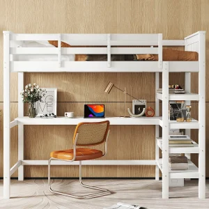 Halfhoogslaper 90×200 cm voor kinderen met opbergvakken en geïntegreerd bureau, zonder matras, grenenhout, Wit