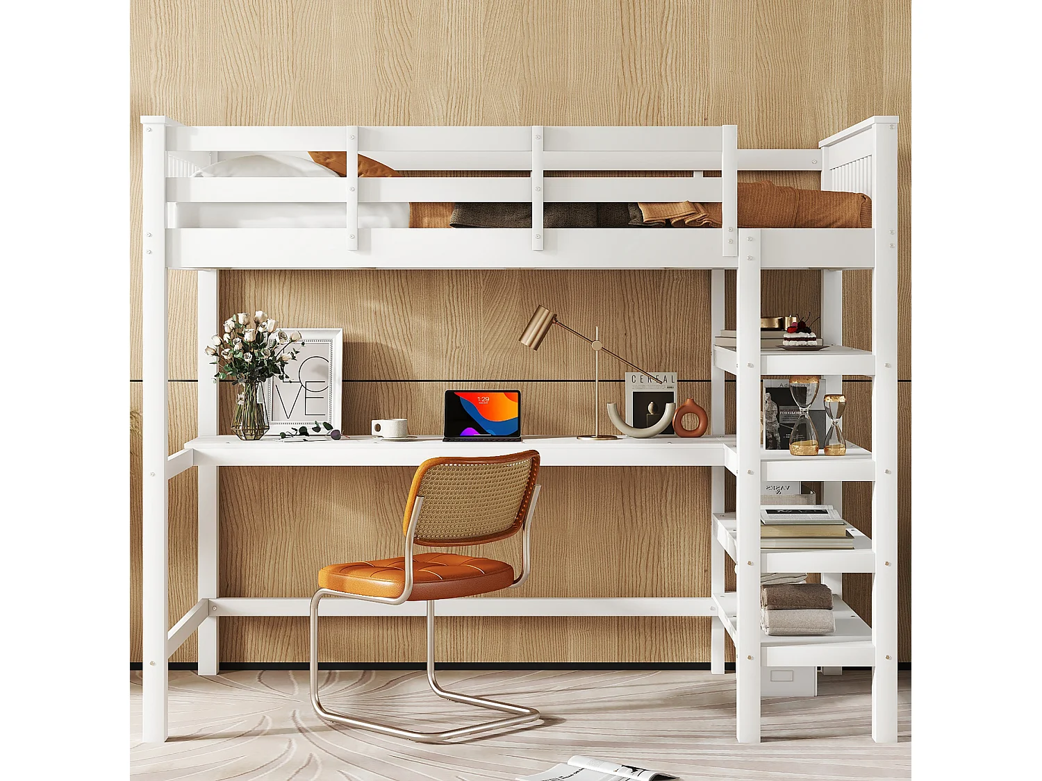 Halfhoogslaper 90x200 cm voor kinderen met opbergvakken en geïntegreerd bureau, zonder matras, grenenhout, Wit