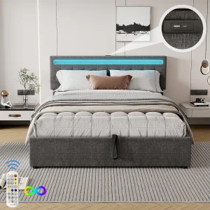 Gestoffeerd bed 160×200 cm, gepolsterde constructie, LED-verlichting, 24-knops afstandsbediening, opklapbaar, USB- en Type-C-aansluitingen, veel opbergruimte, Grijs